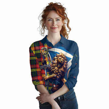 Dewar Tartan Family Crest Women's Casual Shirt with Scottish Majestic Lion Female - Tartan Vibes Clothing
