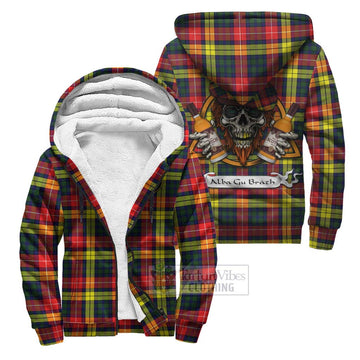 Dewar Tartan Sherpa Hoodie with Family Crest and Bearded Skull Holding Bottles of Whiskey Unisex S - Tartan Vibes Clothing