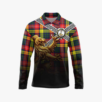 Dewar Crest Tartan Long Sleeve Polo Shirt with Golden Lion Emblem Celtic Style Unisex - Tartan Vibes Clothing