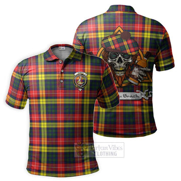 Dewar Tartan Polo Shirt with Family Crest and Bearded Skull Holding Bottles of Whiskey Kid - Tartan Vibes Clothing