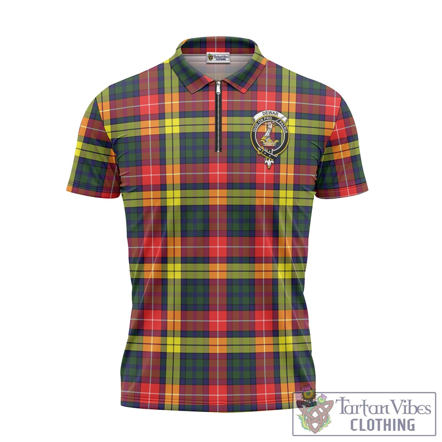 Dewar Tartan Zipper Polo Shirt with Family Crest Unisex - Tartan Vibes Clothing
