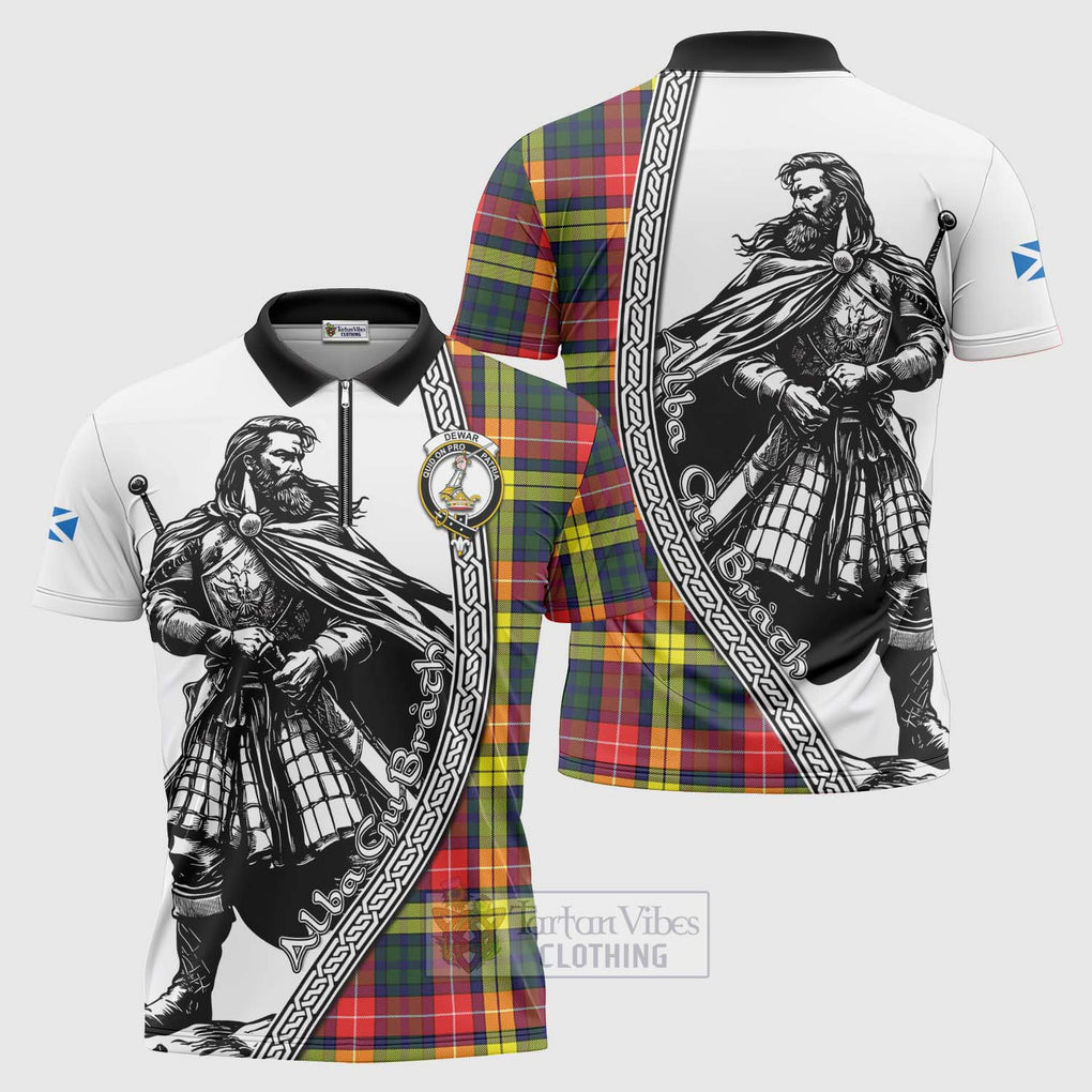 Dewar Tartan Clan Crest Zipper Polo Shirt with Highlander Warrior Celtic Style Unisex - Tartan Vibes Clothing