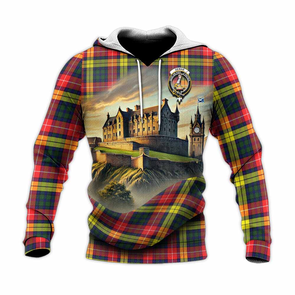 Dewar Tartan Family Crest Knitted Hoodie with Scottish Ancient Castle Style Unisex Knitted Pullover Hoodie - Tartan Vibes Clothing