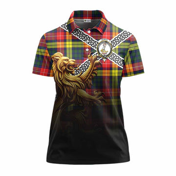 Dewar Crest Tartan Women's Polo Shirt with Golden Lion Emblem Celtic Style Women - Tartan Vibes Clothing