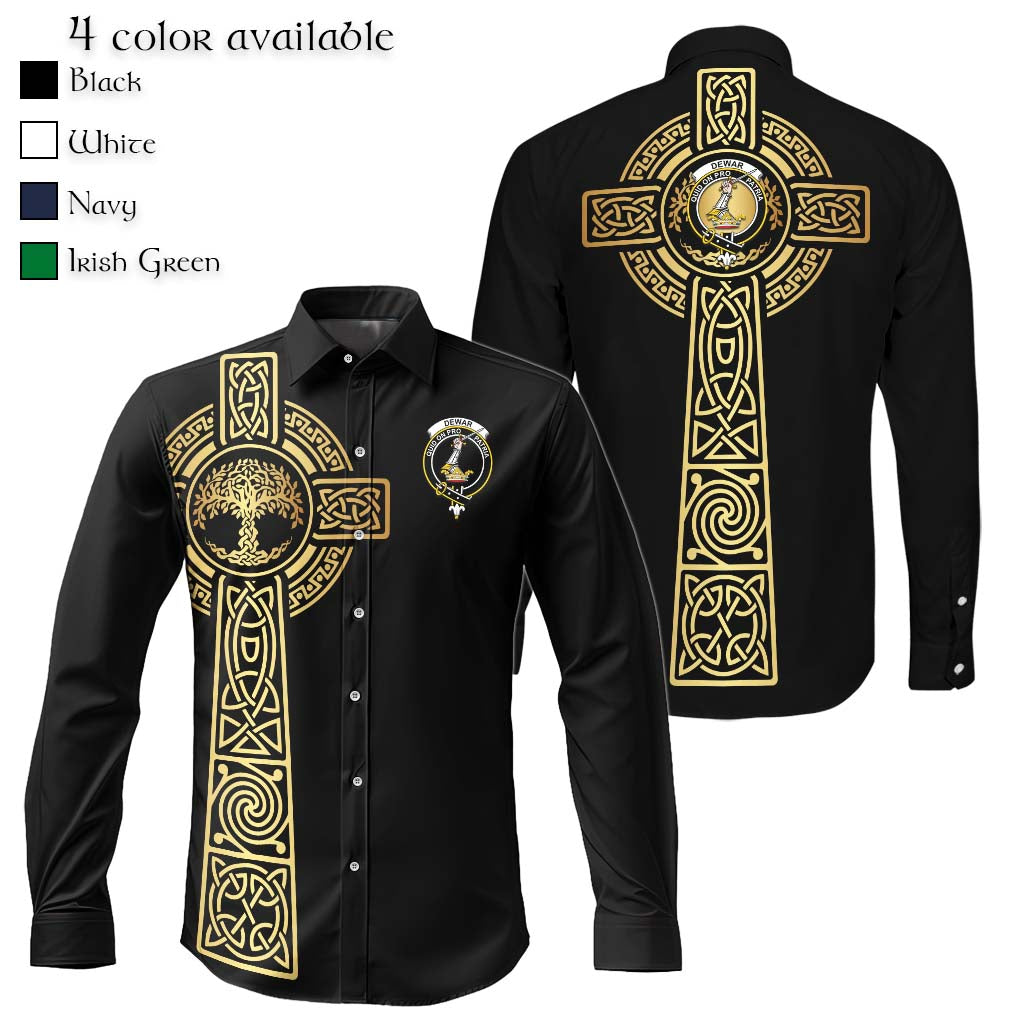 Dewar Clan Mens Long Sleeve Button Up Shirt with Golden Celtic Tree Of Life Men's Shirt Black - Tartanvibesclothing