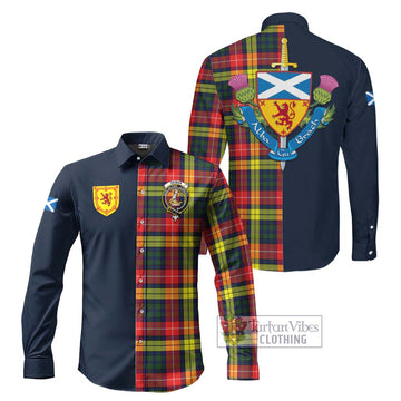 Tartan Vibes Clothing Dewar Tartan Long Sleeve Button Shirt with Scottish Lion Royal Arm Half Style