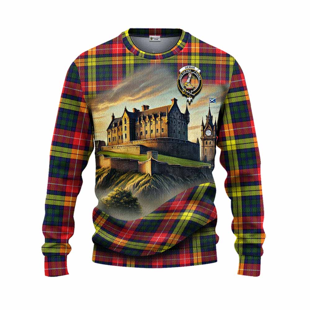 Dewar Tartan Family Crest Knitted Sweater with Scottish Ancient Castle Style Unisex - Tartan Vibes Clothing