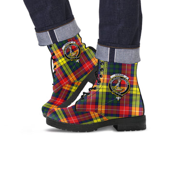 Dewar Tartan Leather Boots with Family Crest Men' Boots - Tartan Vibes Clothing