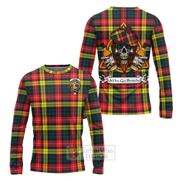 Dewar Tartan Long Sleeve T-Shirt with Family Crest and Bearded Skull Holding Bottles of Whiskey Unisex - Tartan Vibes Clothing