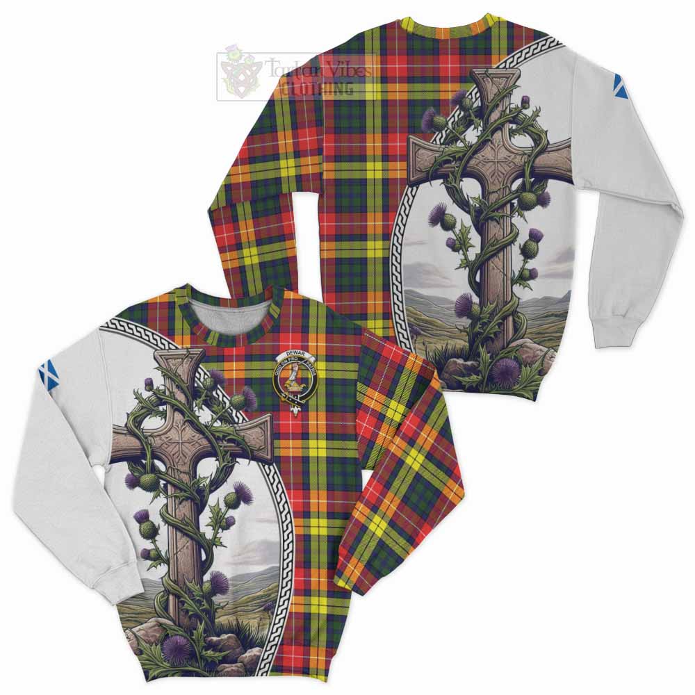 Dewar Tartan Sweatshirt with Family Crest and St. Andrew's Cross Accented by Thistle Vines Unisex - Tartan Vibes Clothing