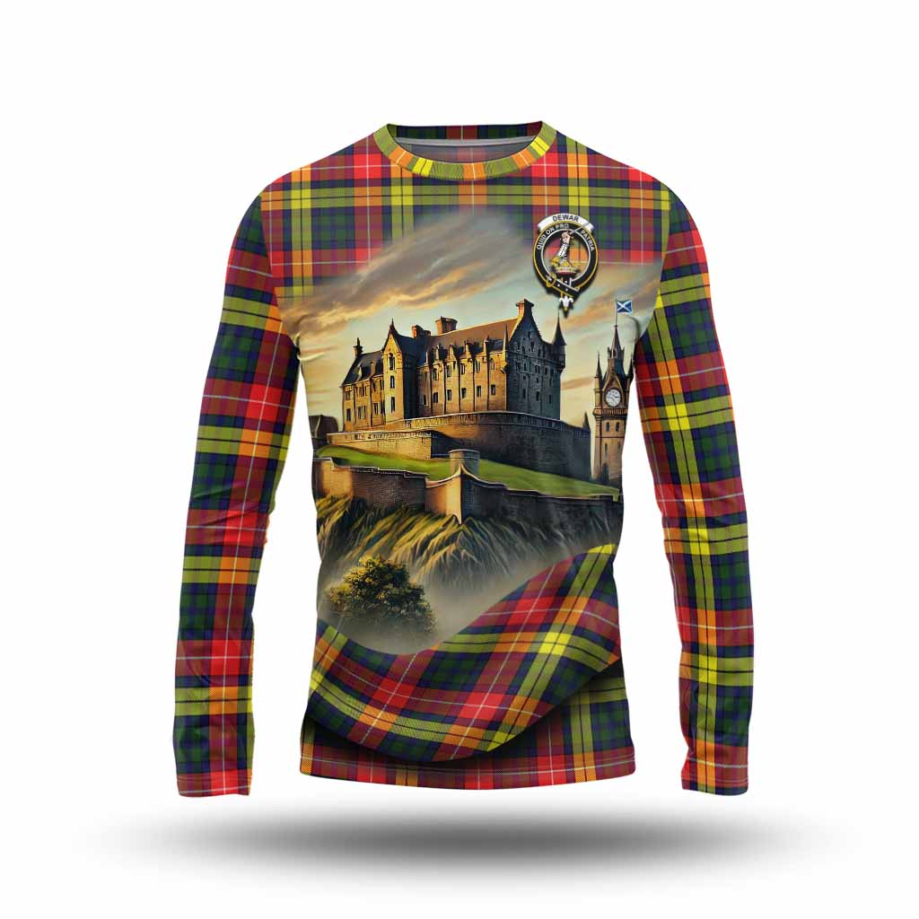 Dewar Tartan Family Crest Long Sleeve T-Shirt with Scottish Ancient Castle Style Unisex - Tartan Vibes Clothing