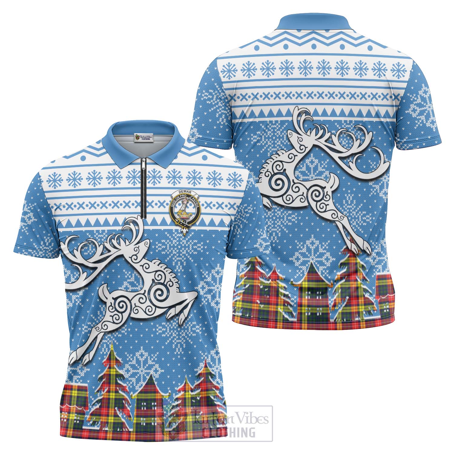 Dewar Clan Christmas Zipper Polo Shirt Celtic Reindeer Style Unisex - Tartan Vibes Clothing