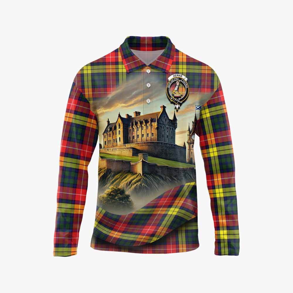 Dewar Tartan Family Crest Long Sleeve Polo Shirt with Scottish Ancient Castle Style Unisex - Tartan Vibes Clothing