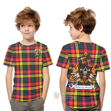 Dewar Tartan Kid T-Shirt with Family Crest and Bearded Skull Holding Bottles of Whiskey Youth XL Size14 - Tartan Vibes Clothing