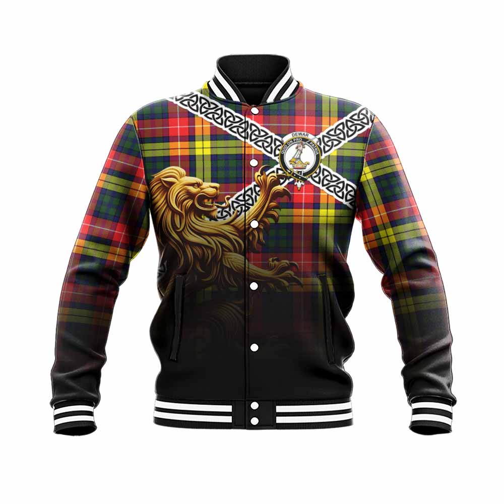 Dewar Crest Tartan Baseball Jacket with Golden Lion Emblem Celtic Style Unisex - Tartan Vibes Clothing