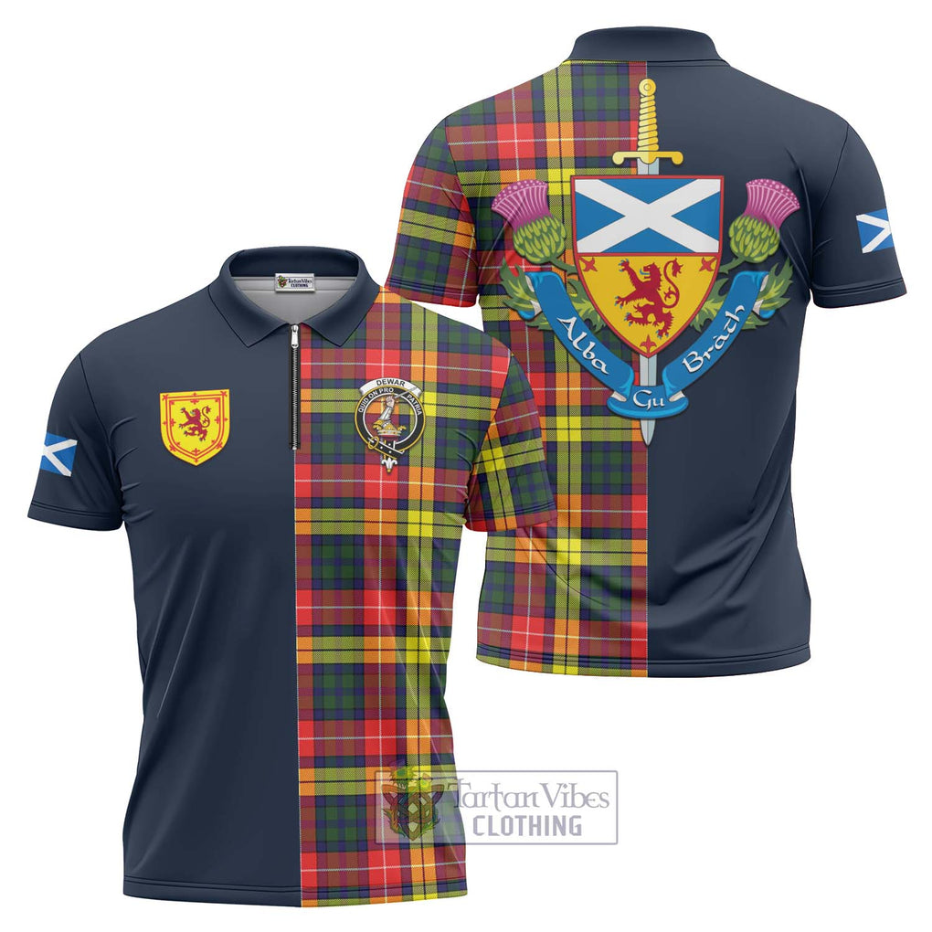 Dewar Tartan Zipper Polo Shirt Alba with Scottish Lion Royal Arm Half Style Unisex - Tartan Vibes Clothing