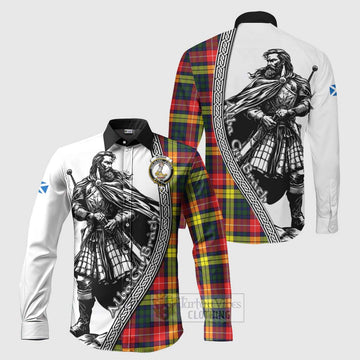 Dewar Tartan Clan Crest Long Sleeve Button Shirt with Highlander Warrior Celtic Style Men's Shirt S - Tartan Vibes Clothing