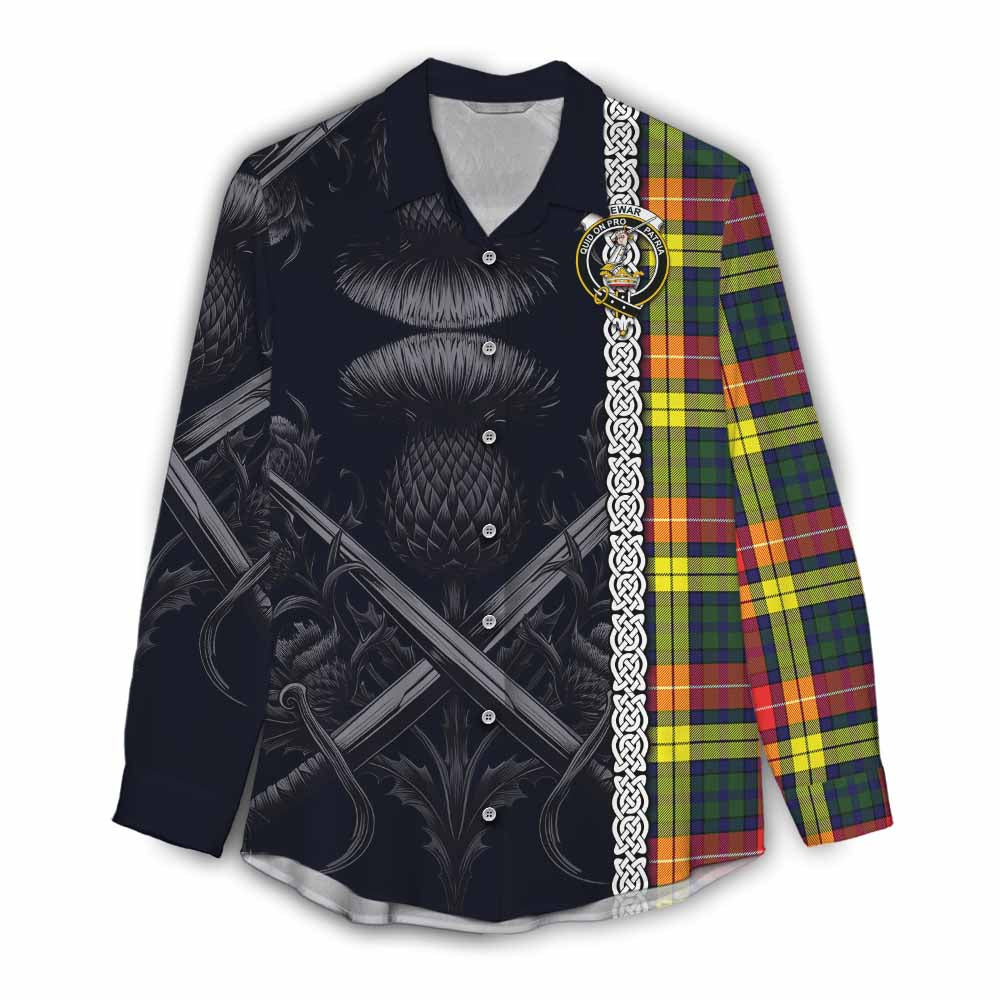 Dewar Tartan Women's Casual Shirt with Family Crest Cross Sword Thistle Celtic Vibes Female - Tartan Vibes Clothing