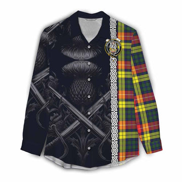 Dewar Tartan Women's Casual Shirt with Family Crest Cross Sword Thistle Celtic Vibes Female - Tartan Vibes Clothing