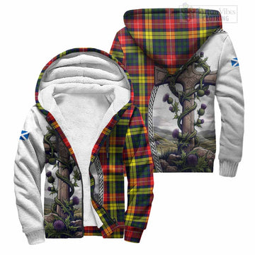 Dewar Tartan Sherpa Hoodie with Family Crest and St. Andrew's Cross Accented by Thistle Vines Unisex S - Tartan Vibes Clothing