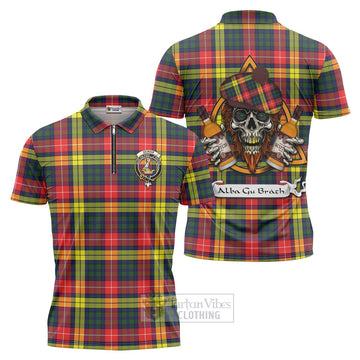 Dewar Tartan Zipper Polo Shirt with Family Crest and Bearded Skull Holding Bottles of Whiskey Unisex - Tartan Vibes Clothing