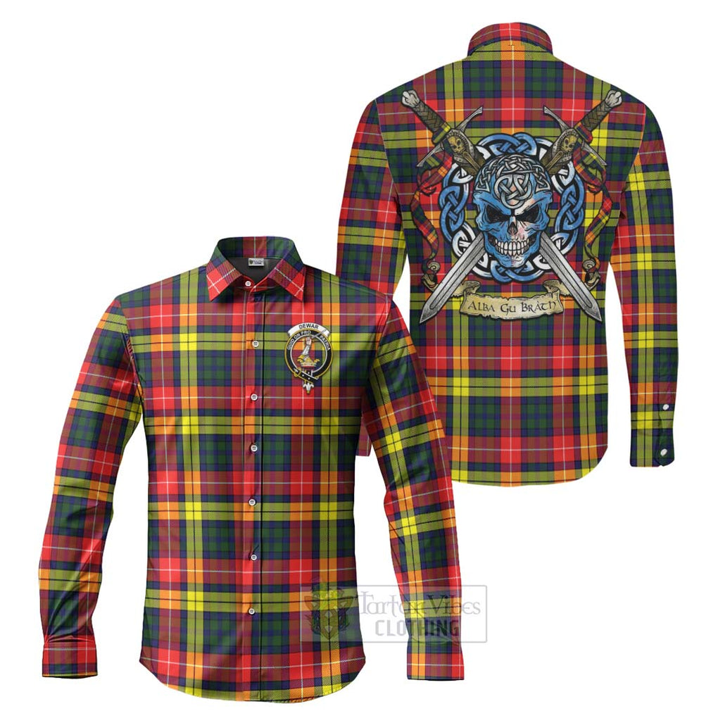 Dewar Tartan Long Sleeve Button Shirt with Family Crest Celtic Skull Style Men's Shirt S - Tartan Vibes Clothing