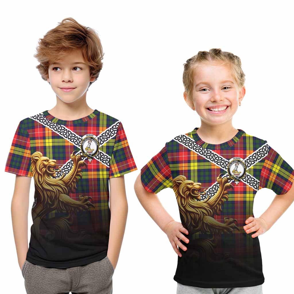 Dewar Crest Tartan Kid T-Shirt with Golden Lion Emblem Celtic Style Youth XL Size14 - Tartan Vibes Clothing