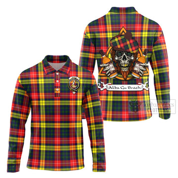Dewar Tartan Long Sleeve Polo Shirt with Family Crest and Bearded Skull Holding Bottles of Whiskey Unisex - Tartan Vibes Clothing