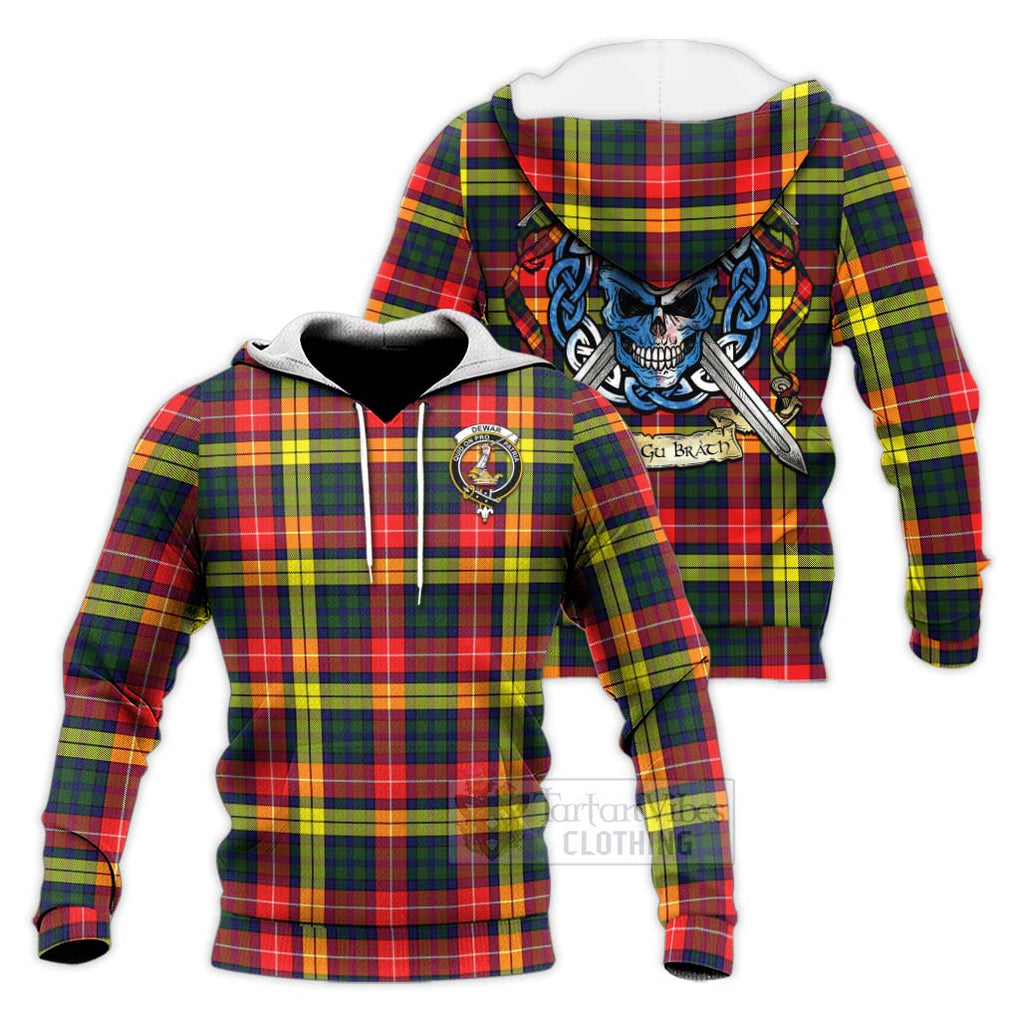 Dewar Tartan Knitted Hoodie with Family Crest Celtic Skull Style Unisex Knitted Pullover Hoodie - Tartan Vibes Clothing