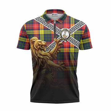 Dewar Crest Tartan Zipper Polo Shirt with Golden Lion Emblem Celtic Style Unisex - Tartan Vibes Clothing