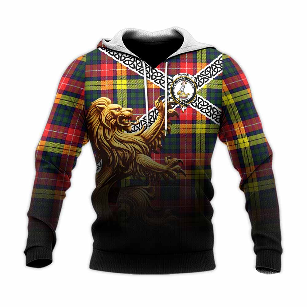 Dewar Crest Tartan Knitted Hoodie with Golden Lion Emblem Celtic Style Unisex Knitted Pullover Hoodie - Tartan Vibes Clothing