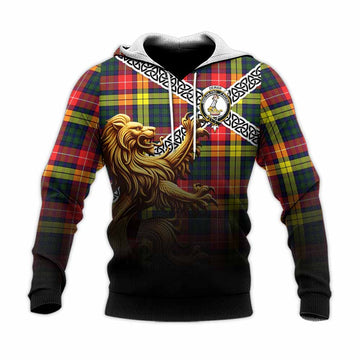 Dewar Crest Tartan Knitted Hoodie with Golden Lion Emblem Celtic Style Unisex Knitted Pullover Hoodie - Tartan Vibes Clothing