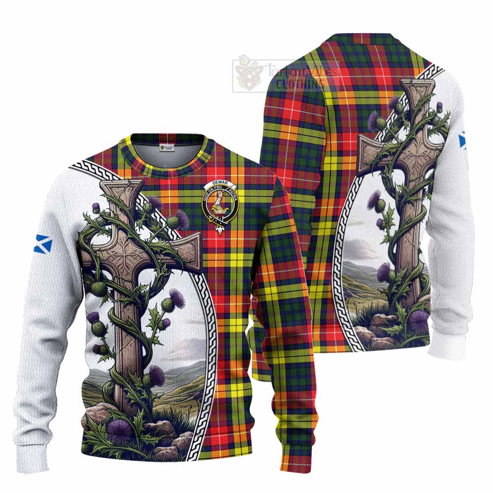 Dewar Tartan Knitted Sweater with Family Crest and St. Andrew's Cross Accented by Thistle Vines Unisex - Tartan Vibes Clothing