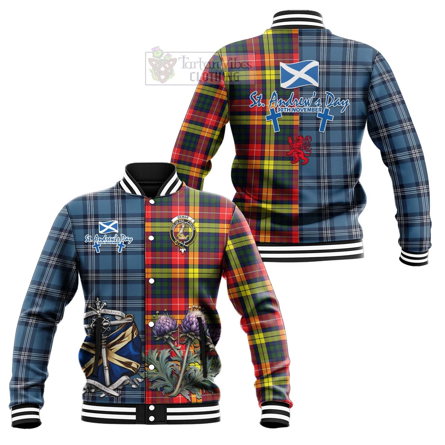Dewar Tartan Baseball Jacket Happy St. Andrew's Day Half Tartan Style Unisex - Tartan Vibes Clothing