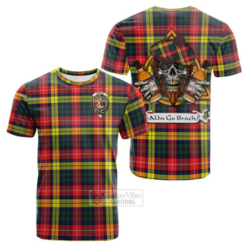 Tartan Vibes Clothing Dewar Tartan Cotton T-shirt with Family Crest and Bearded Skull Holding Bottles of Whiskey