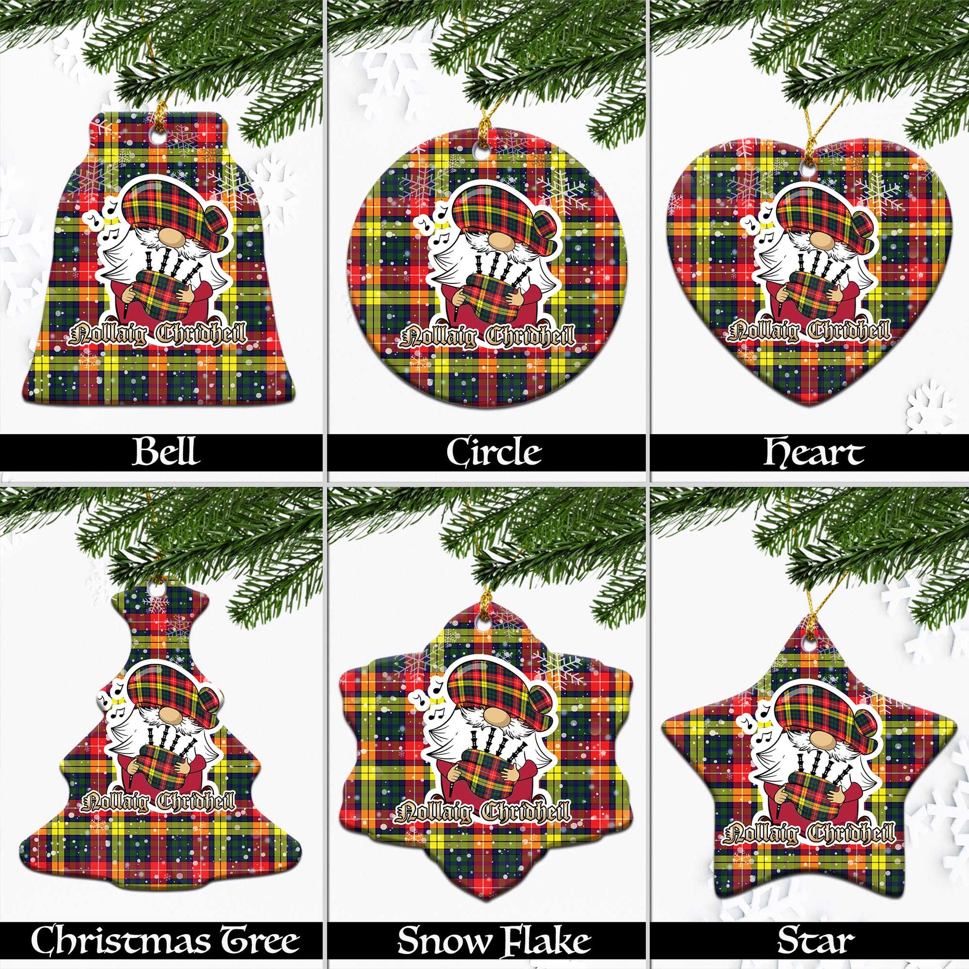 Dewar Tartan Christmas Ceramic Ornaments with Scottish Gnome Playing Bagpipes Ceramic - Tartan Vibes Clothing
