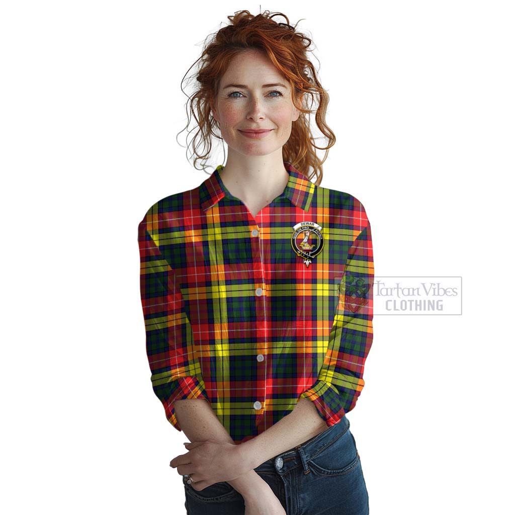 Tartan Vibes Clothing Dewar Tartan Women's Casual Shirt with Family Crest and Bearded Skull Holding Bottles of Whiskey