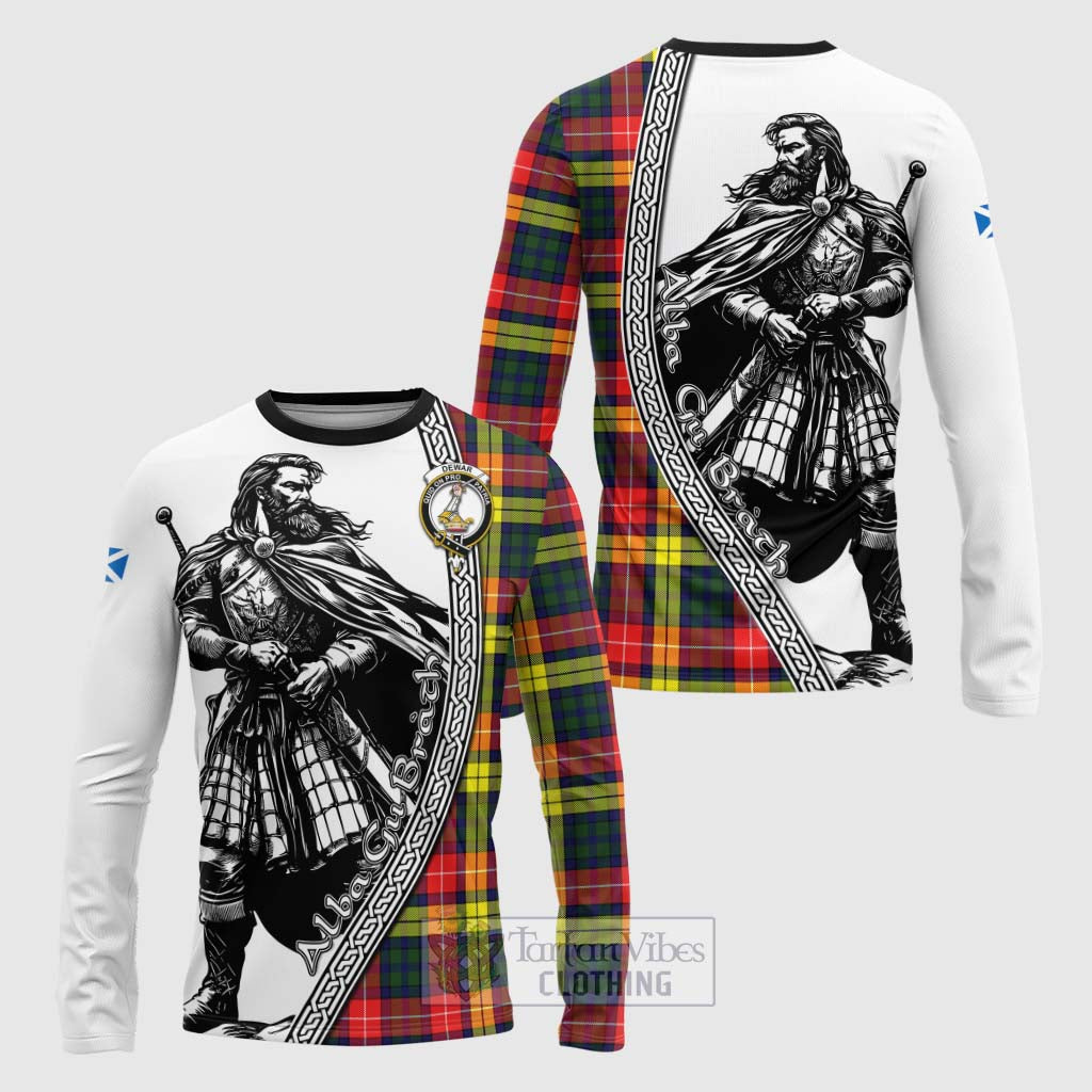 Dewar Tartan Clan Crest Long Sleeve T-Shirt with Highlander Warrior Celtic Style Unisex - Tartan Vibes Clothing