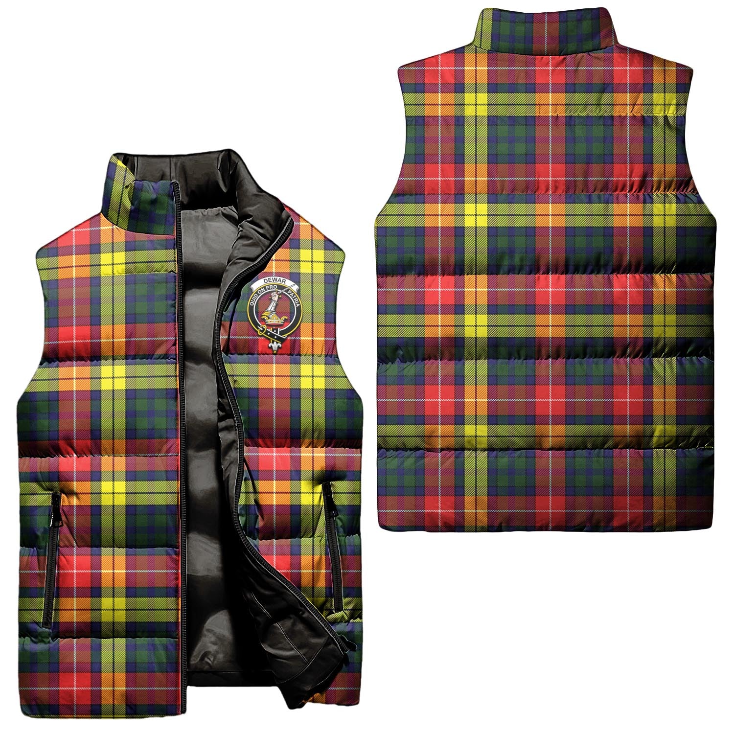 Dewar Tartan Sleeveless Puffer Jacket with Family Crest Unisex - Tartan Vibes Clothing