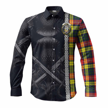Tartan Vibes Clothing Dewar Tartan Long Sleeve Button Shirt with Family Crest Cross Sword Thistle Celtic Vibes
