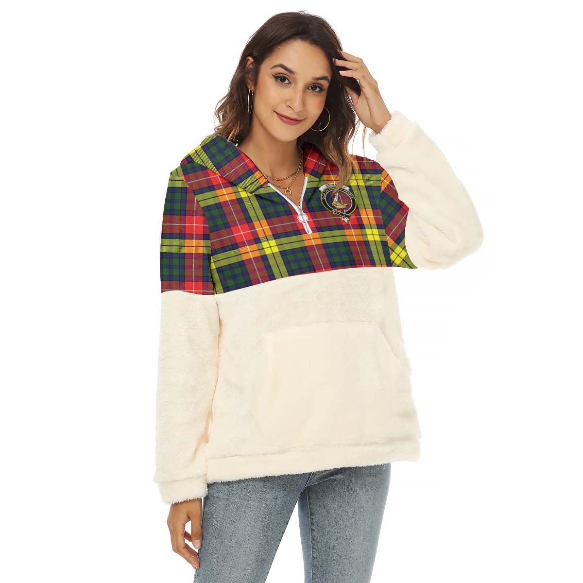 Dewar Tartan Half Style Women's Borg Fleece Hoodie with Half Zip with Family Crest Female - Tartan Vibes Clothing