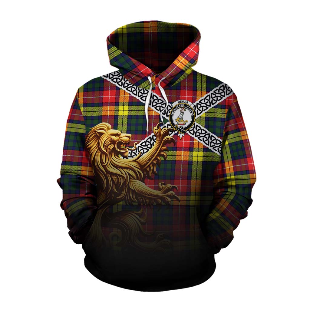Dewar Crest Tartan Cotton Hoodie with Golden Lion Emblem Celtic Style Pullover Hoodie XS - Tartan Vibes Clothing