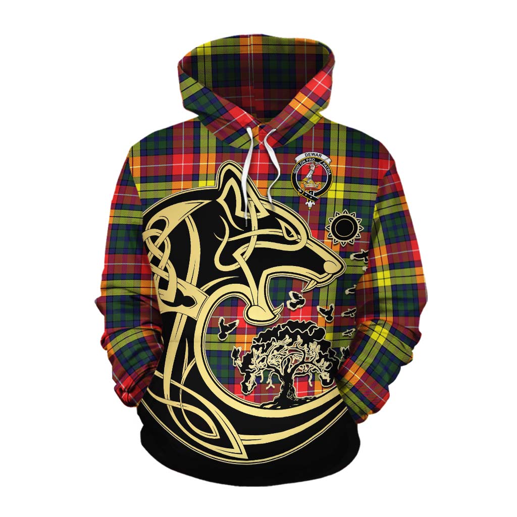 Dewar Tartan Cotton Hoodie with Family Crest Celtic Wolf Style Pullover Hoodie XS - Tartan Vibes Clothing