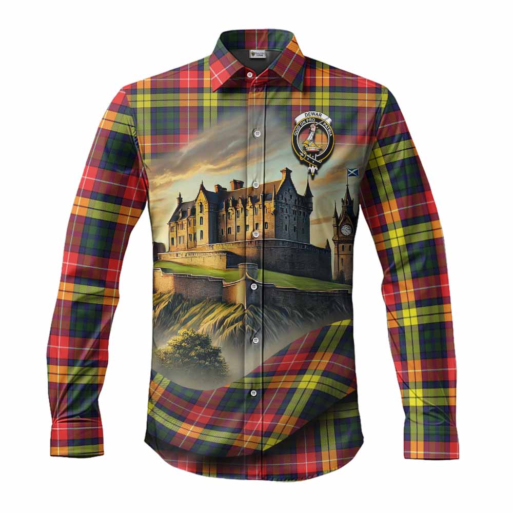 Tartan Vibes Clothing Dewar Tartan Family Crest Long Sleeve Button Shirt with Scottish Ancient Castle Style
