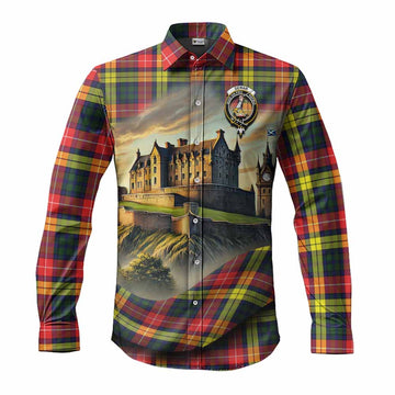 Tartan Vibes Clothing Dewar Tartan Family Crest Long Sleeve Button Shirt with Scottish Ancient Castle Style
