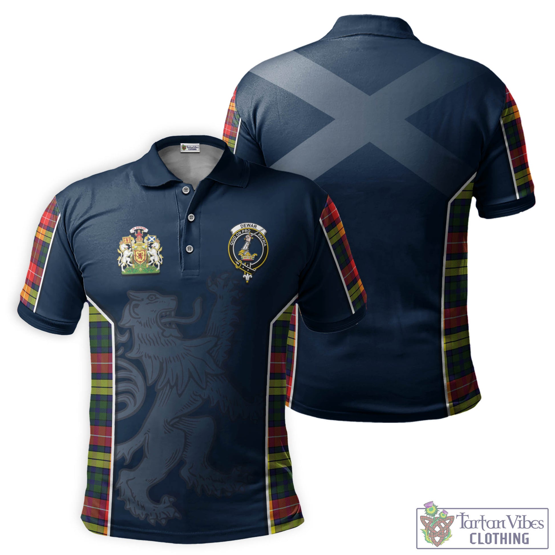 Tartan Vibes Clothing Dewar Tartan Men's Polo Shirt with Family Crest and Lion Rampant Vibes Sport Style