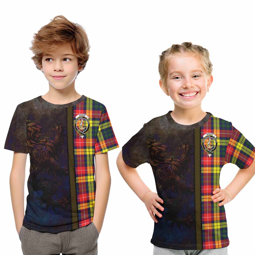 Tartan Vibes Clothing Dewar Tartan Family Crest Kid T-Shirt Alba Gu Brath Be Brave Lion Ancient Style