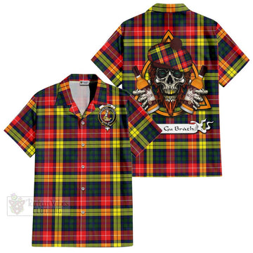 Dewar Tartan Hawaiian Shirt with Family Crest and Bearded Skull Holding Bottles of Whiskey Kid - Tartan Vibes Clothing