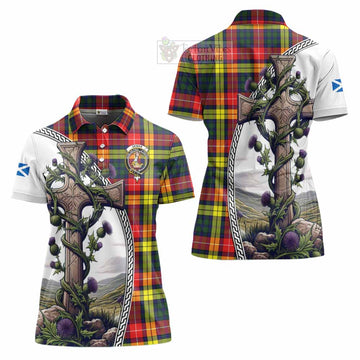 Dewar Tartan Women's Polo Shirt with Family Crest and St. Andrew's Cross Accented by Thistle Vines Women - Tartan Vibes Clothing
