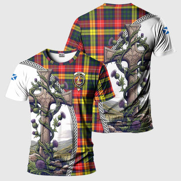 Dewar Tartan T-Shirt with Family Crest and St. Andrew's Cross Accented by Thistle Vines Kid's Shirt - Tartan Vibes Clothing